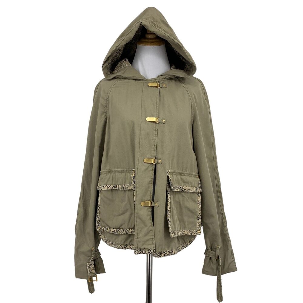 Rebecca Taylor Jacket Womens 6 Olive Paddington Toggle Snakeskin Utility Hoodie